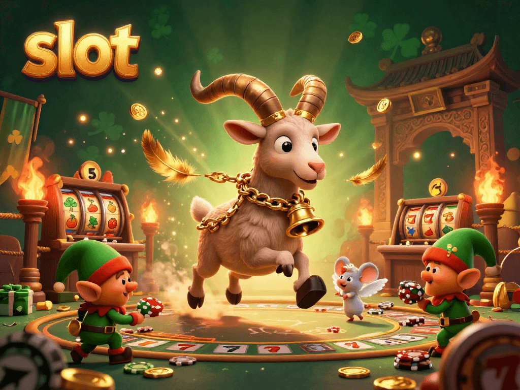 Experience slot fun with a Krampus goat and festive characters in a dynamic casino scene.