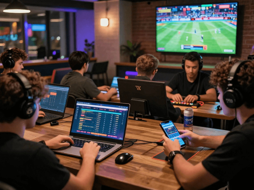 Exciting scene of players engaging with the TK 999 gaming platform in a vibrant urban lounge.