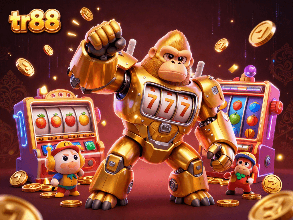tr88 showcases a dynamic scene with golden gorilla mech and explosive winning symbols for slot games.