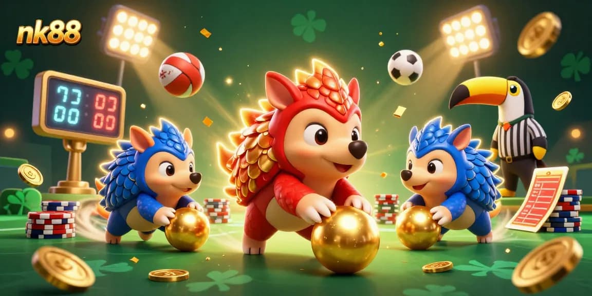 nk88 pangolins compete in a dynamic casino scene filled with sports balls and confetti.