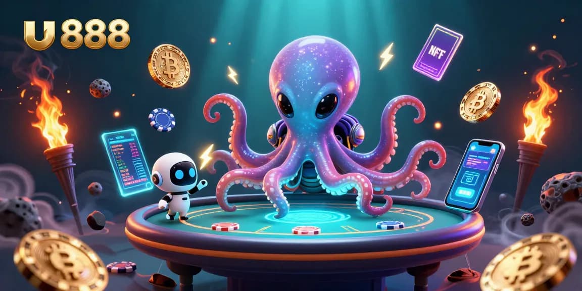 Experience the excitement of u888 casino with animated players at a holographic poker table.