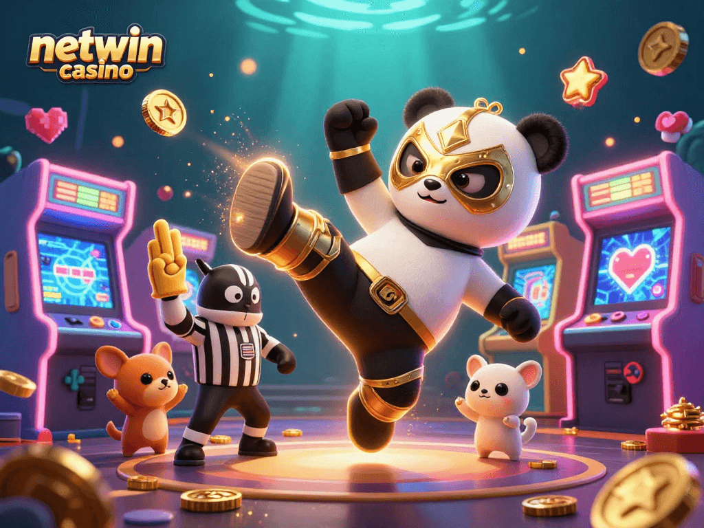 Experience the thrill of netwin casino with a lively scene featuring a wrestling panda and game machines.