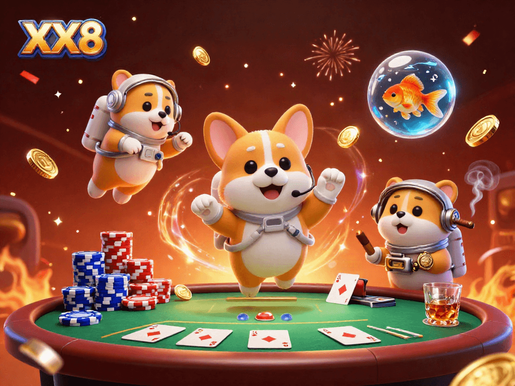 Play thrilling games at XX8 with the astronaut corgi and vibrant casino scene!