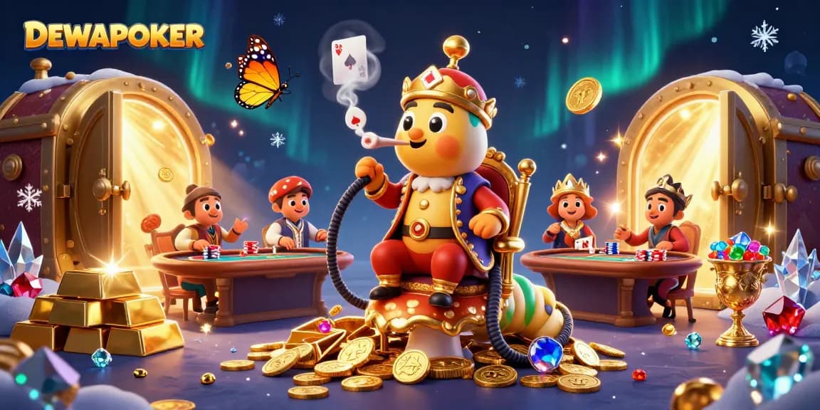 Experience thrilling poker action in DEWAPOKER, illustrated with vibrant casino elements and characters.