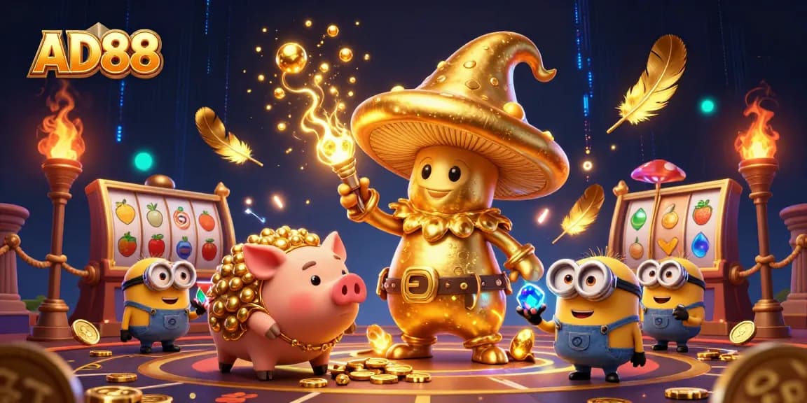 Experience magical wins with AD88 featuring a golden wizard, treasures, and vibrant casino elements