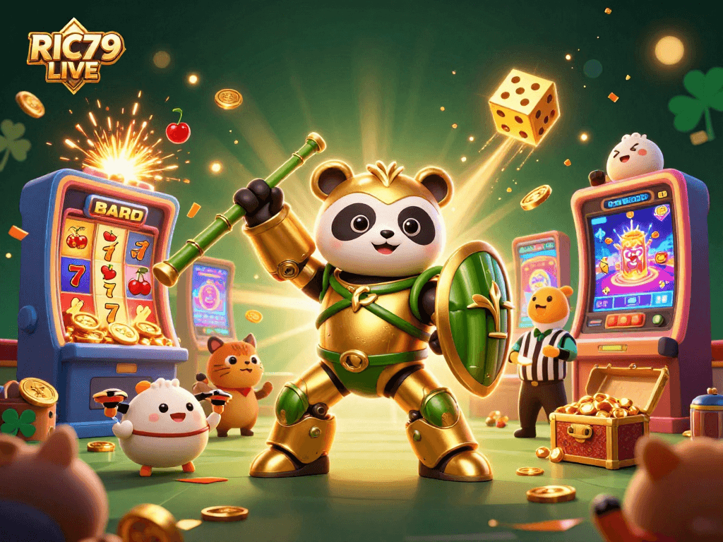 Experience RIC79 LIVE in an exciting 3D casino scene with a mech-suit panda and vibrant game elements.