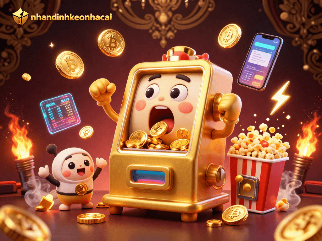 Nhandinhkeonhacai shows a golden slot machine hitting a jackpot surrounded by cheering mini slots and crypto elements.