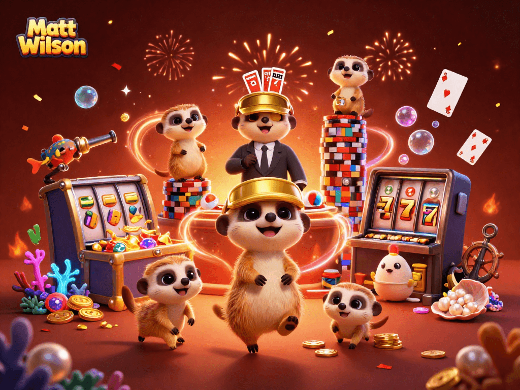 Experience the thrilling casino fun with Matt Wilson and a lively meerkat crew amid vibrant gaming action.