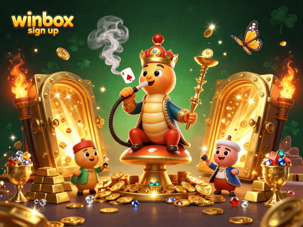 Winbox sign up for an unforgettable casino adventure with a vibrant illustration of slots, treasure, and excitement.