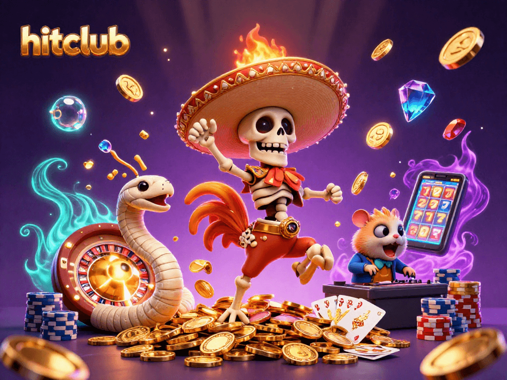 Experience the thrill of hitclub with a dynamic scene featuring a mariachi rooster dancing on golden coins amidst casino elements.