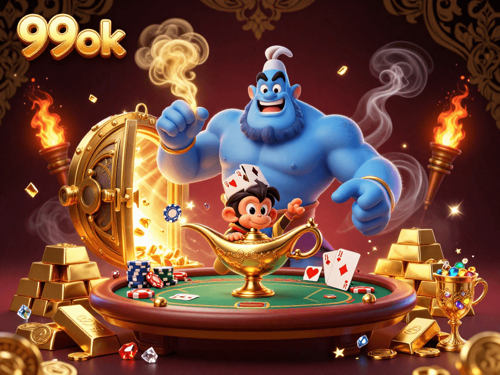 Engage with the thrilling world of 99ok as a genie and monkey celebrate casino poker adventures.