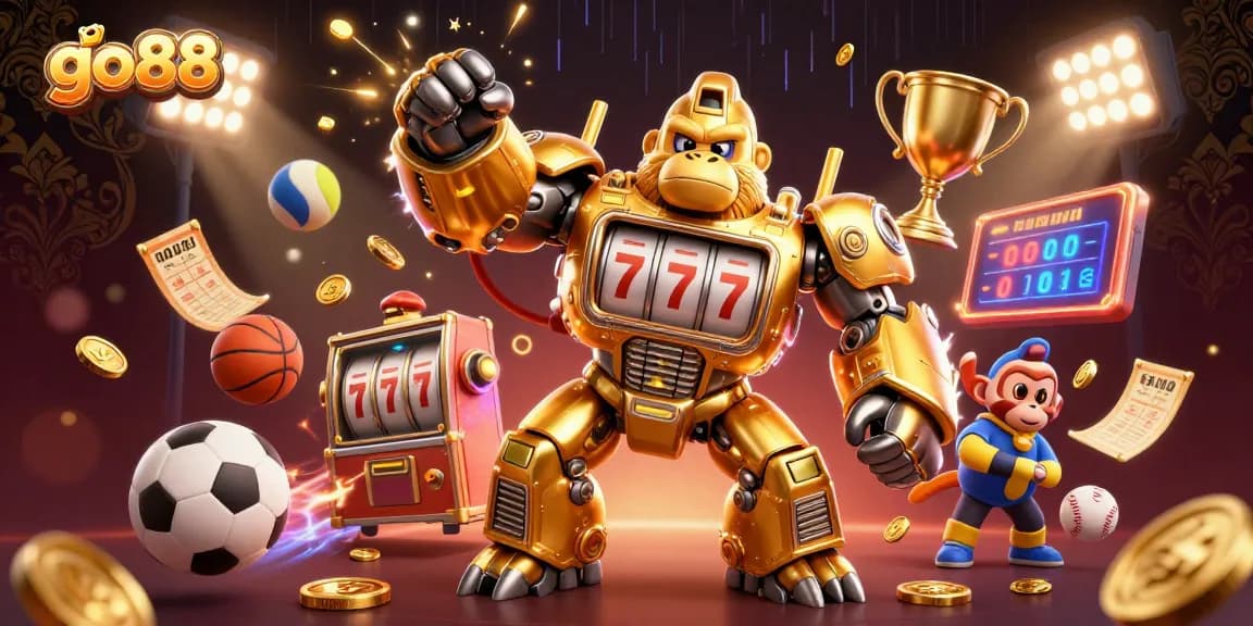 Experience dynamic betting action with go88 in a vibrant 3D casino scene featuring a golden gorilla mech.