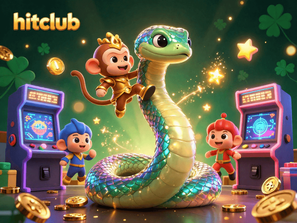 Experience hitclub's vibrant gaming world with a colorful digital illustration of a rainbow serpent and monkey king.