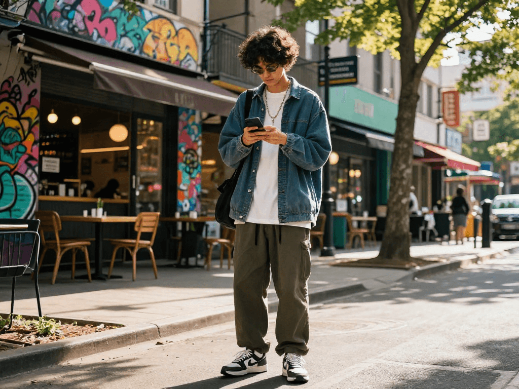 Person browsing nsfw ai content in trendy streetwear against vibrant city backdrop.