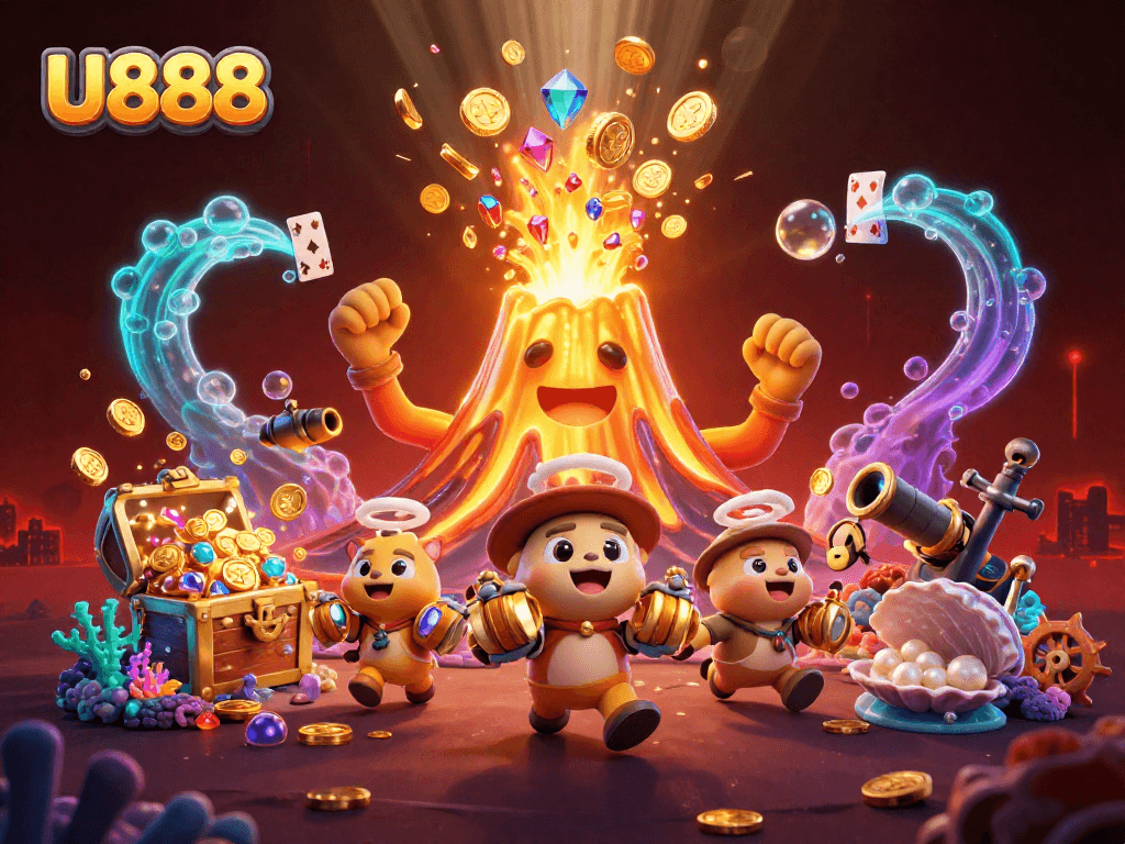 Experience the U888 excitement with a golden volcano bursting coins and treasures in a vibrant casino scene.