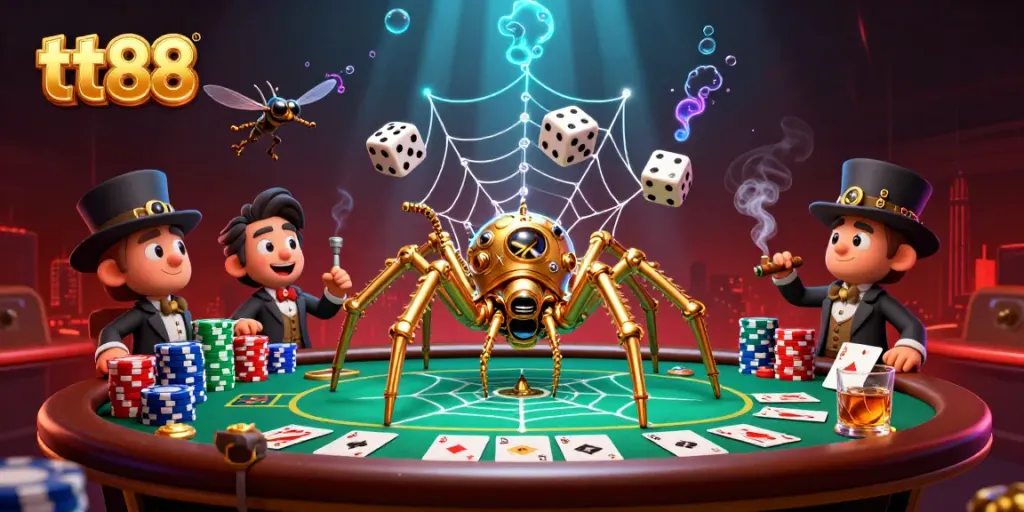 Experience thrilling moments at tt88 with a steampunk spider and poker scene