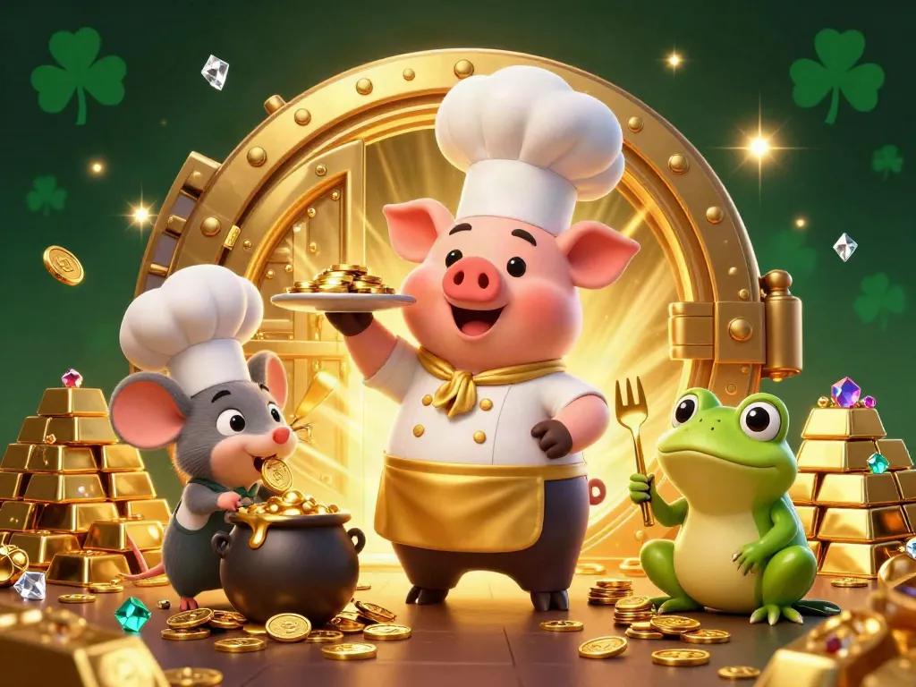 Experience the thrill of Luck8 with a chef pig serving golden coins, surrounded by jackpots and treasures.