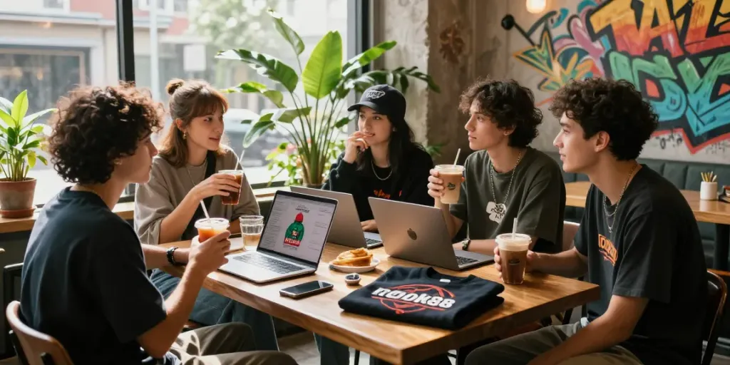 Group of friends at cafe enjoying rokok88 merchandise and drinks