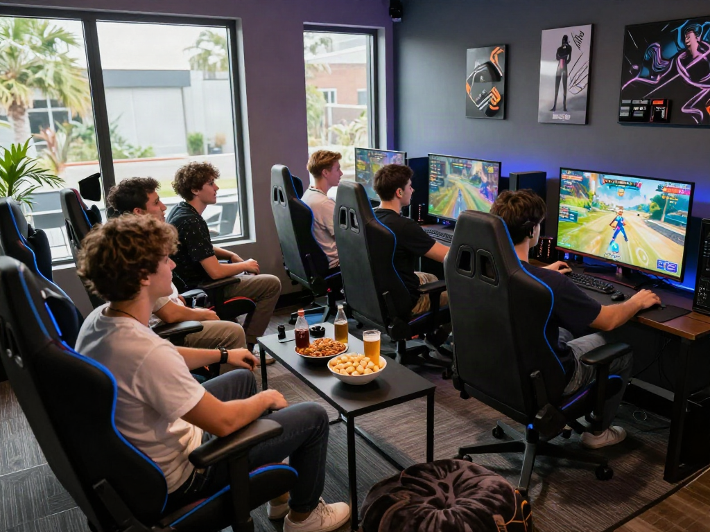 Friends enjoying a multiplayer porngame session in a vibrant gaming lounge, showcasing an immersive experience.