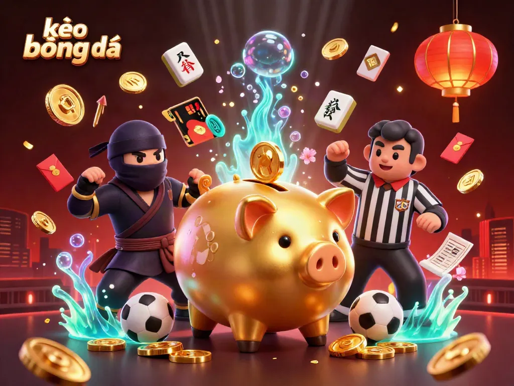 Engage with kèo bóng đá activities amidst a vibrant scene of sports-themed characters and rich visuals.