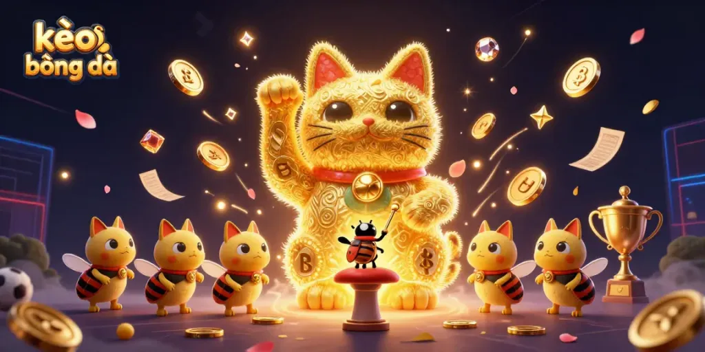 Experience the excitement of kèo bóng đá with dynamic scenes of a lucky cat and vibrant casino elements.