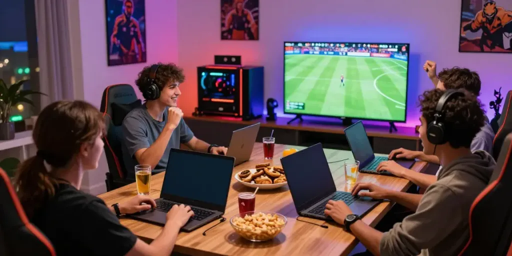 Exciting gaming scene with friends enjoying online sports betting at https://gem88.jpn.com/ with snacks and LED lights.