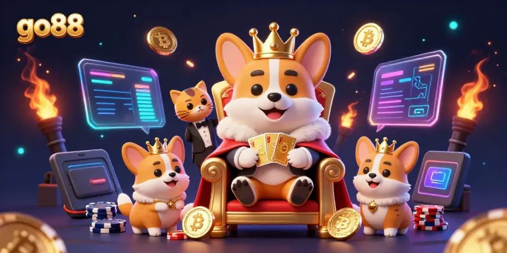 Engage with exciting games at GO88 featuring a royal corgi on a throne of poker chips.