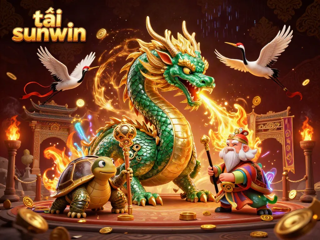 Experience the thrill with tải sunwin, featuring a majestic dragon and lucky symbols in vibrant casino atmosphere.