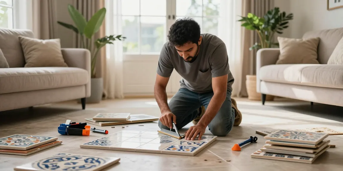 فني سيراميك باكستاني يقوم بتركيب بلاط سيراميك في غرفة معيشة أنيقة بأجواء دافئة.
