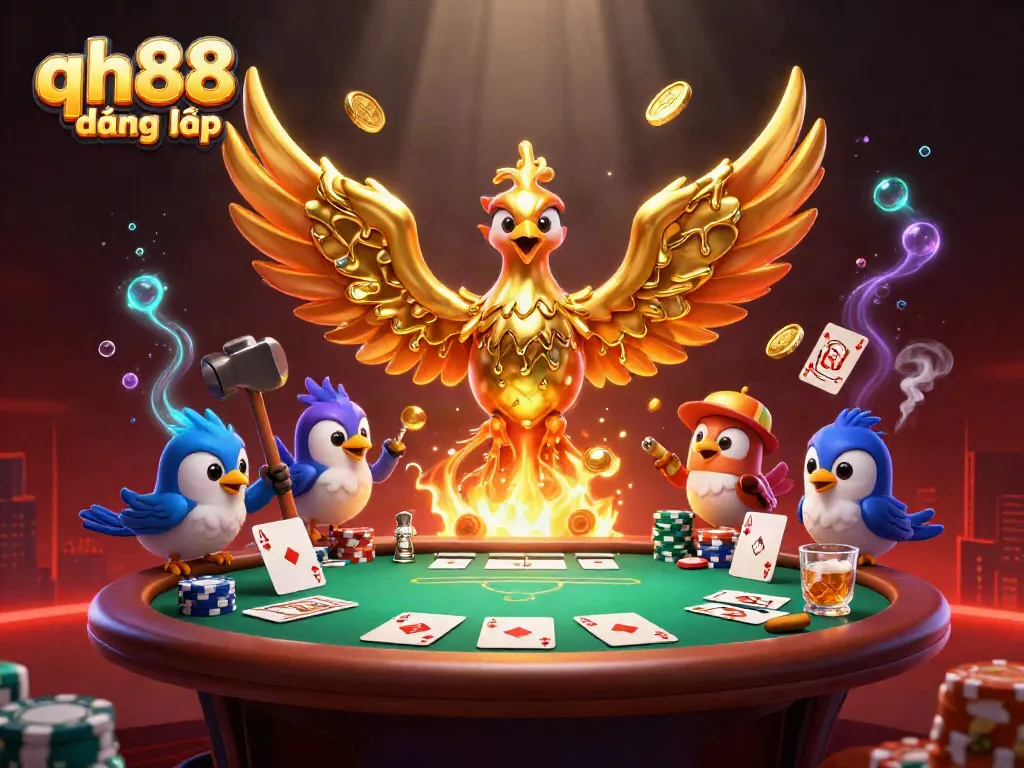 Engage in the thrilling world of QH88 đăng nhập with a vibrant 3D illustration of a golden phoenix and poker elements.