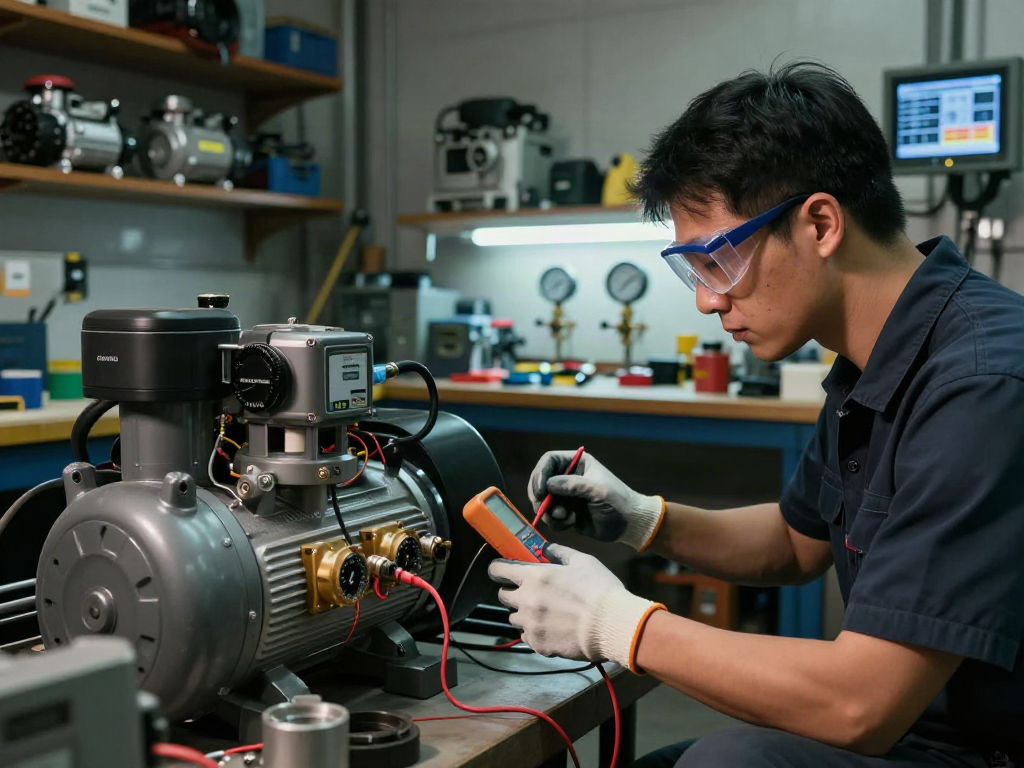 Technician checking air compressor pressure switch for performance in industrial workshop.