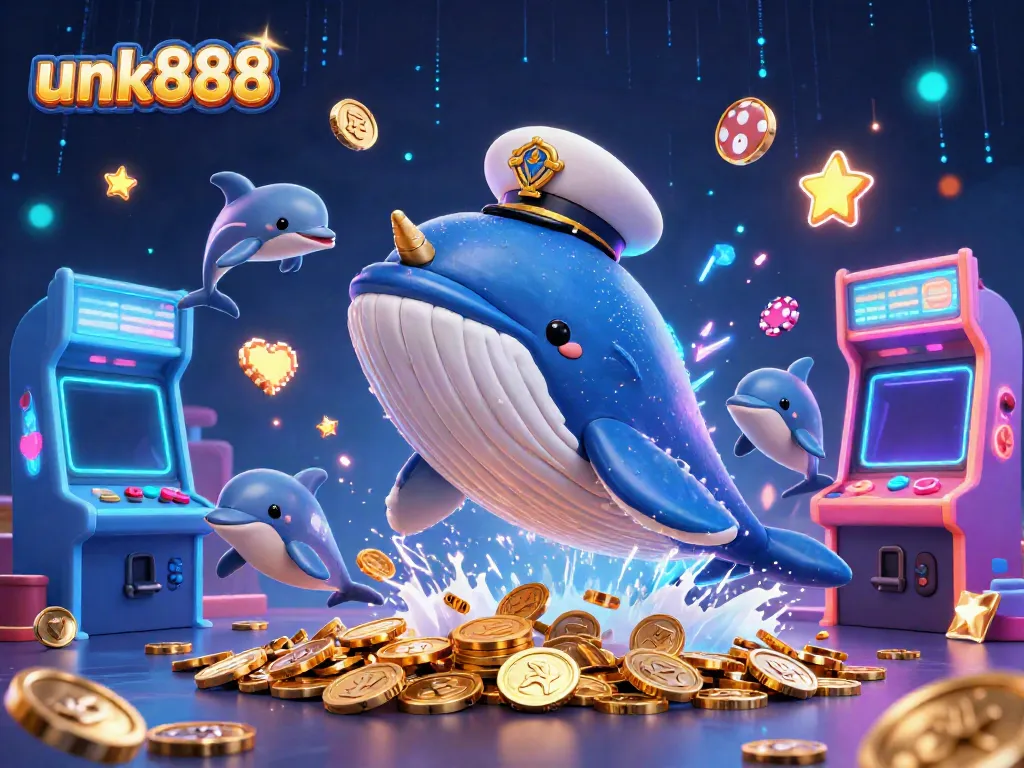 Engage with unk888's vibrant casino world featuring a whale, narwhal, and dolphins playfully interacting with coins.