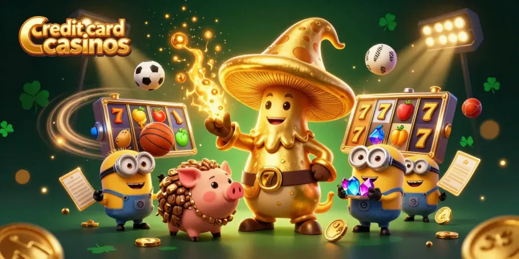 Engaging scene depicting credit card casinos with magical characters and dynamic game elements.