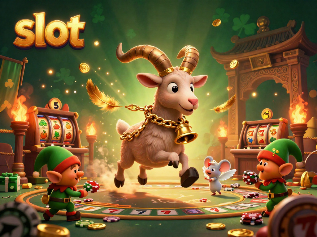 Experience slot fun with a Krampus goat and festive characters in a dynamic casino scene.