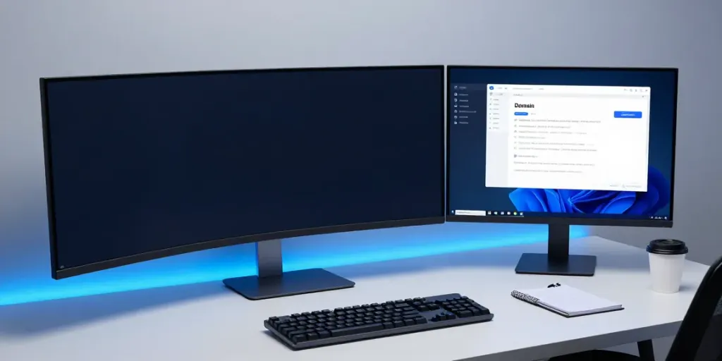 cheap .co.uk renewal domain registration software on a modern desk