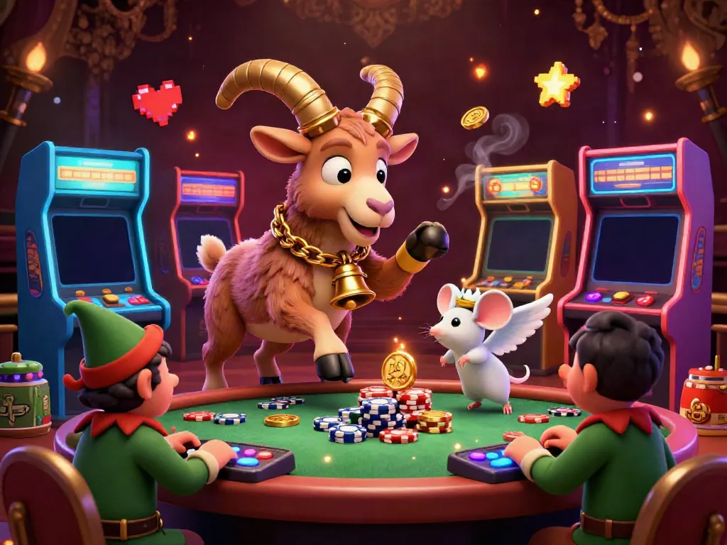 Experience the thrilling atmosphere of a 78WIN casino, with a Krampus goat and playful characters in a vibrant scene.