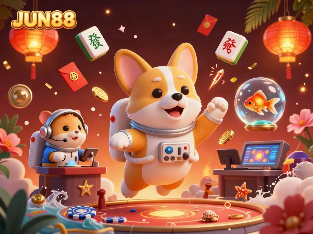 Experience thrilling adventures at JUN88 with this vibrant space casino illustration featuring playful characters.