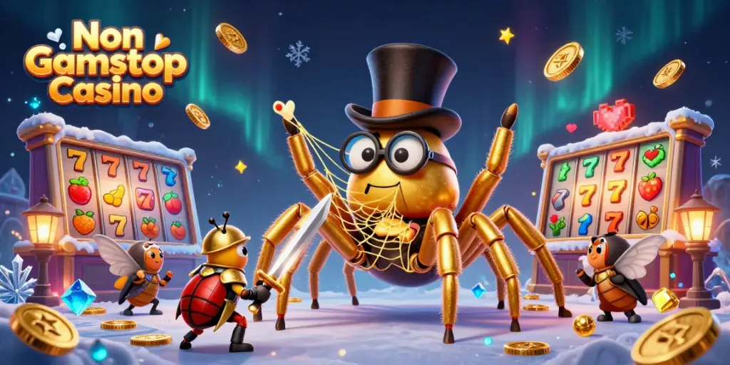 Engaging scene depicting a Non Gamstop Casino with a golden tarantula, beetle knight, and slot reels.