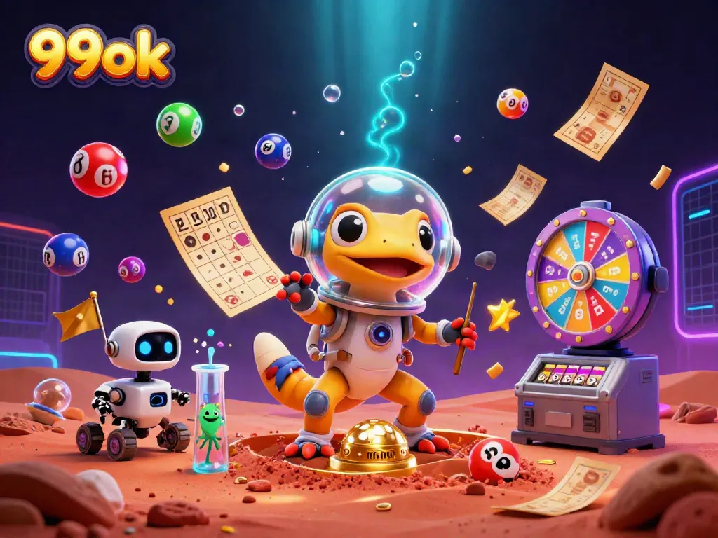 Engage with 99ok's vibrant casino adventure featuring a Martian gecko exploring a golden casino.