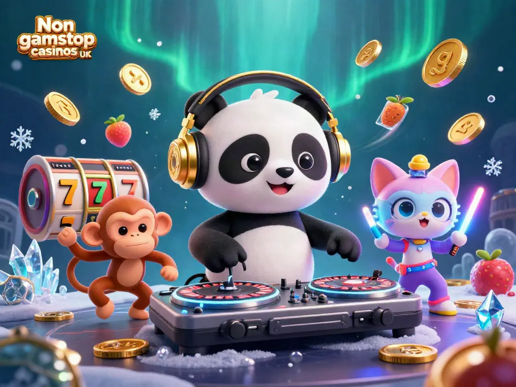 Engaging illustration showcasing Non gamstop casinos UK with dynamic casino elements and vibrant characters.