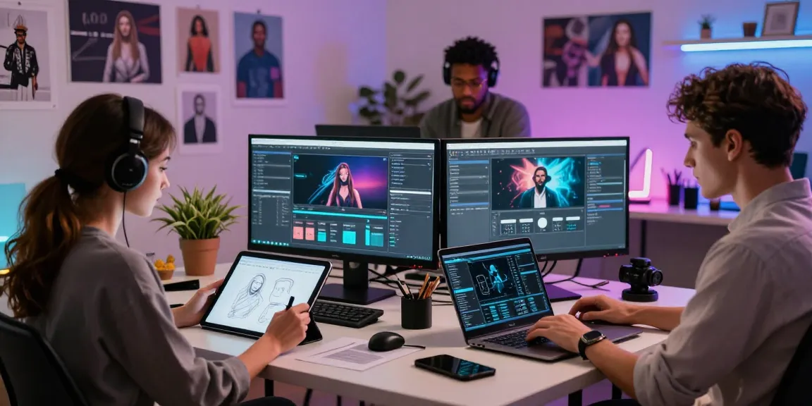 Collaborative workspace for nsfw ai content creation with diverse professionals engaged in innovative design and analysis.