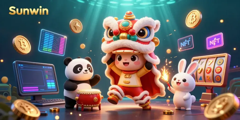 Experience the excitement of Sunwin with lively characters and vibrant casino elements in a rich digital illustration