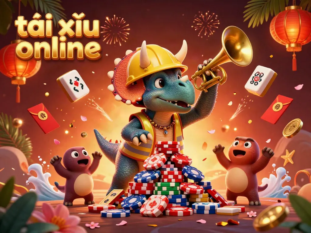 Tài xỉu online scene with a triceratops building poker chips and celebrating characters