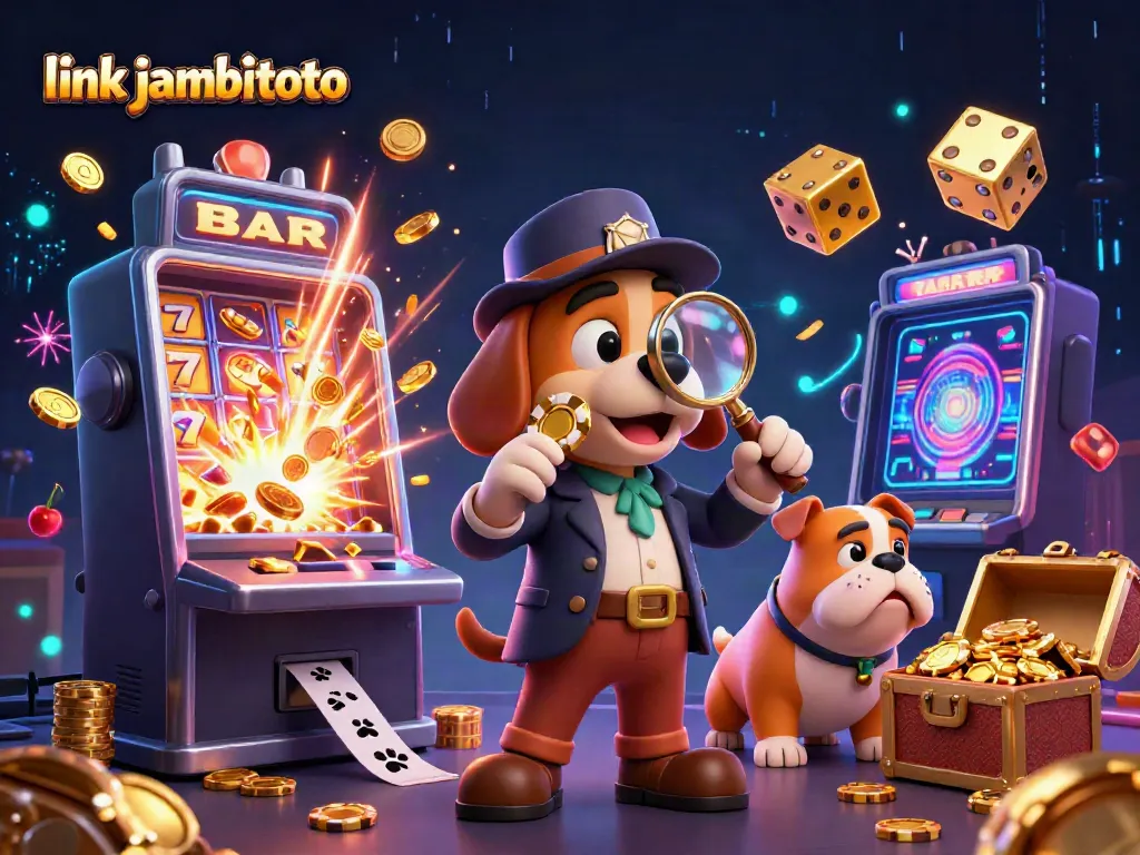 Investigate the treasure hunt in link jambitoto with colorful slots, spinning reels, and rich casino elements.