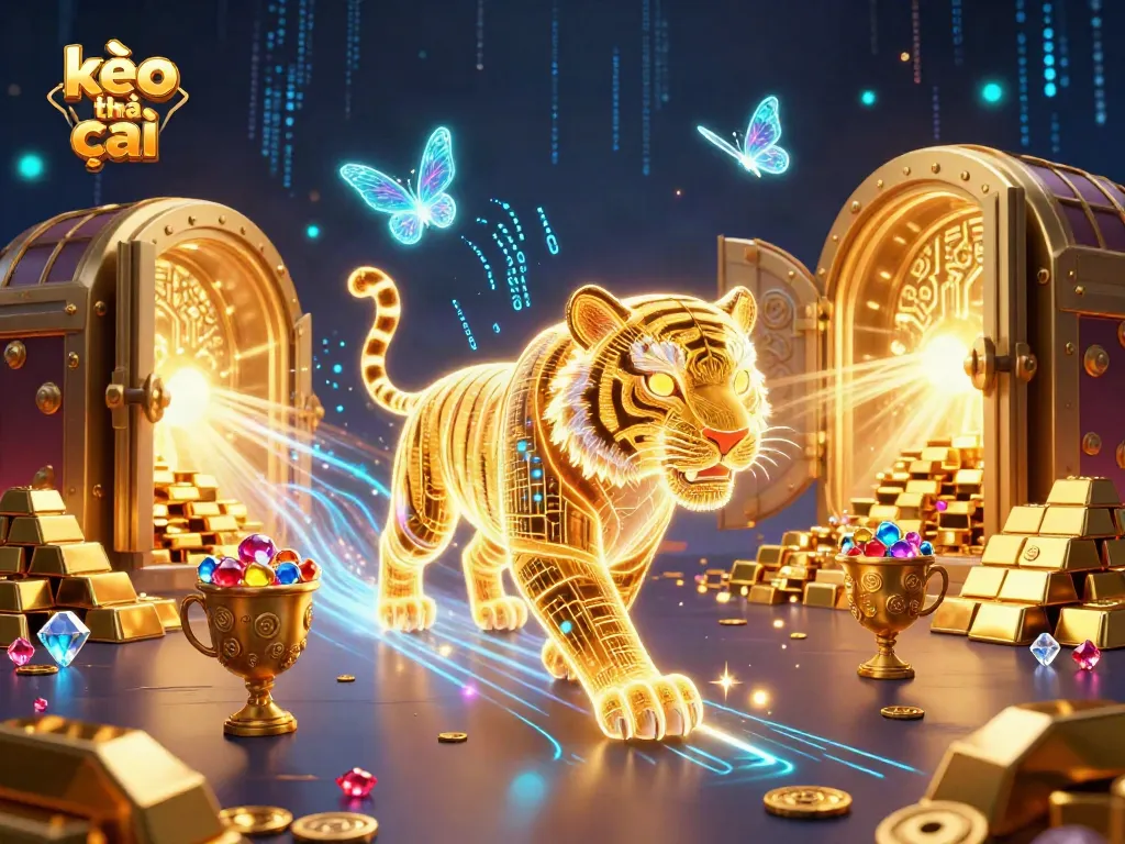 Engage with kèo nhà cái in a vibrant 3D casino scene filled with treasures and neon energy.