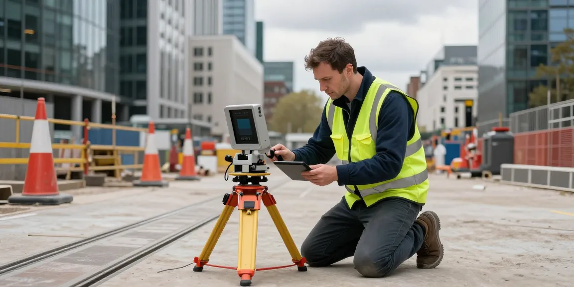 GPR Utility Survey London with surveyor using Ground Penetrating Radar on city construction site.