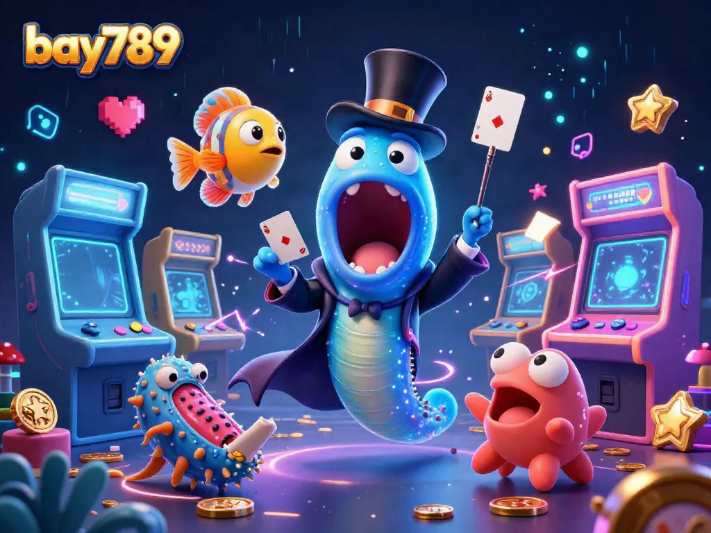 Experience the magic of bay789 with engaging characters performing tricks amidst vibrant gaming elements.