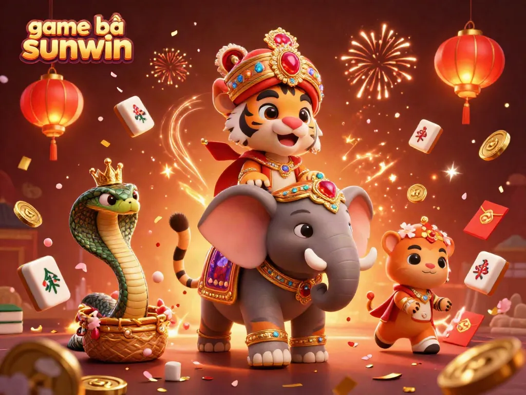 Engage in the vibrant world of game bài sunwin with a stunning scene featuring a maharaja tiger, jewel-encrusted elephant, and golden symbols.