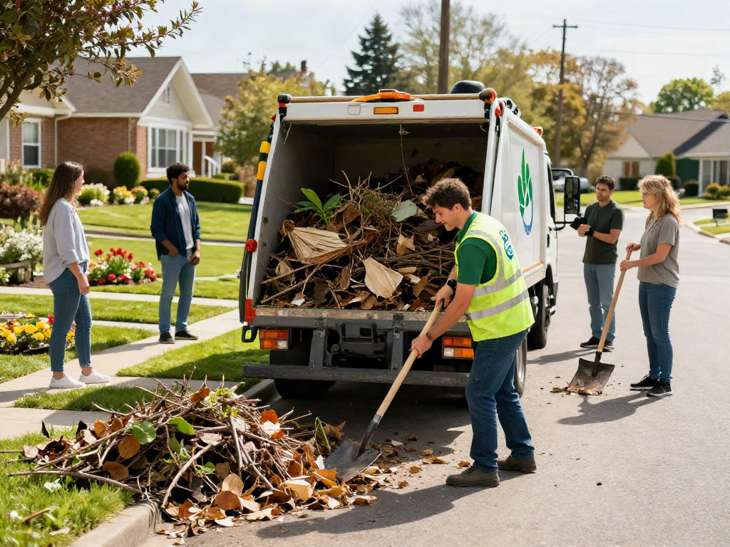 Waste removals team loading garden debris in a sunny neighbourhood.