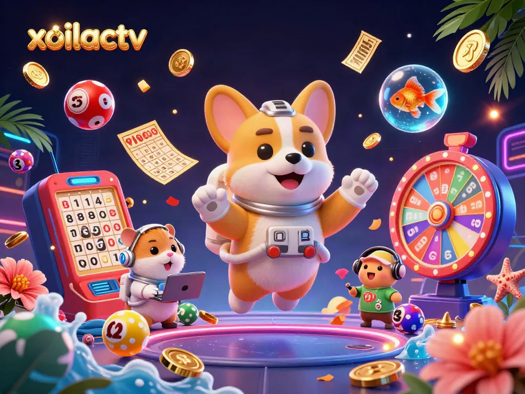 Xoilactv delivers an engaging experience in space-themed animation featuring a cartoon astronaut corgi surrounded by lively gaming elements.